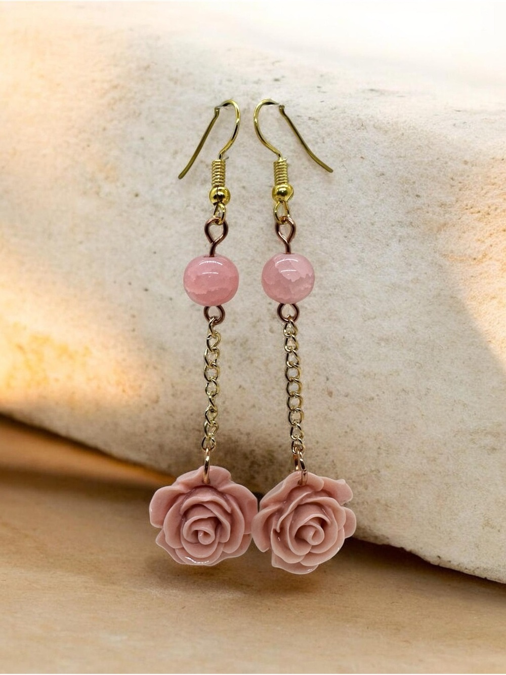 Pink Rose Beaded Dangle Earrings Handmade Floral Jewelry Gift
